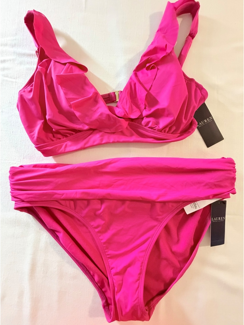 NWT Lauren Ralph Lauren Women's Pink Ruffle Bikini Swimsuit Size 14